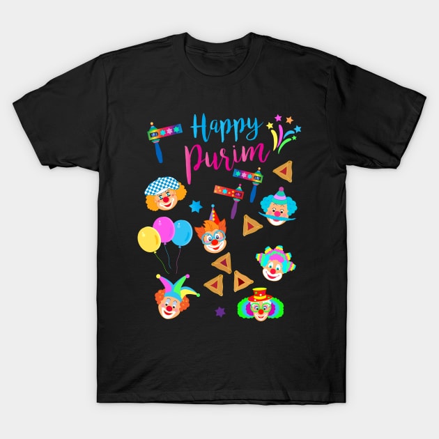 Happy Purim Kids Party Gifts Decoration Jewish Holiday Traditional symbols. Hamantaschen cookies, gragger toy noisemaker, clowns, balloons, masks, stars of David. Carnival. T-Shirt by sofiartmedia